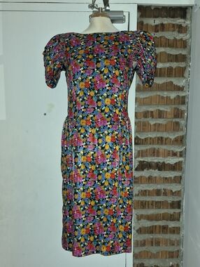 Fink Modell Vintage Floral Ruched Dress Lined Zip Size 8 10 GB 12 F 42